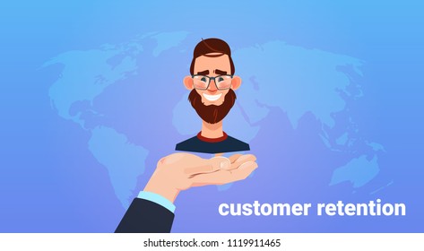 hand palm hold man client. Customer retention concept. Customer Care. Providing save customer loyalty. flat style vector illustration