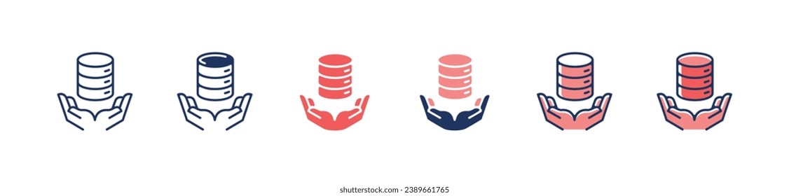 Hand palm holding database server could network hosting sharing information icon vector cyberspace computer global storage datum symbol illustration
