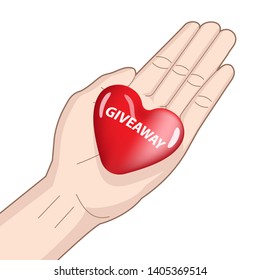 hand palm holding red heart with giveaway inscription