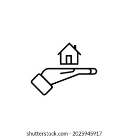 Hand palm holds house. Vector illustration in flat design