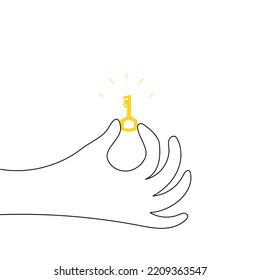 Hand palm holds a very small yellow metal key from the lock with his fingers. One continuous drawing line logo single hand drawn art doodle isolated minimal illustration. Concept of idea, security