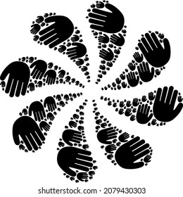 Hand palm icon explosion twist turbine fireworks composition. Flower centrifugal explosion designed from scattered hand palm symbols.