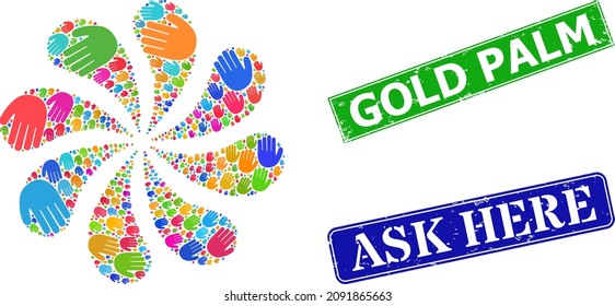 Hand palm icon multi colored swirl bang flower fireworks shape, and distress Gold Palm stamp. Blue Ask Here and green Gold Palm rectangle grunge seal stamps.
