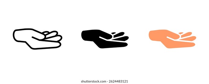 Hand palm icon. Open human hand gesture with fingers slightly curved vector illustration. Symbol of offering or receiving support. Represents care, aid and charity sign. Kindness and help pictogram.