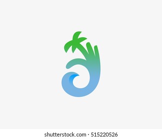 Hand palm Ok vector logo symbol icon. Ocean wave idea logotype. Travel vacation creative sign.