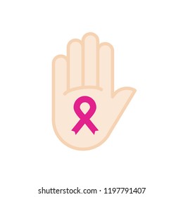 Hand palm with pink ribbon. Breast cancer awareness. Vector illustration, flat design