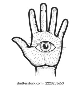 Hand palm of psychic with all seeing eye, mystic and occult palmistry, esoteric and fortune telling by hand, vector