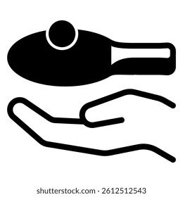 Hand palm with racket and ball solid icon, table tennis game concept. Vector graphics. Hand and accessory sign on white background, glyph style mobile or design