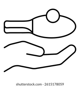 Hand palm with racket and ball thin line icon, table tennis game concept. Vector graphics. Hand and accessory sign on white background, linear style for mobile or design