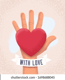 Hand palm with red heart and sign with love. Vintage gift holiday card design concept. Vector illustration.