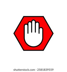 Hand palm in red hexagon. Isolated vector icon on white background.