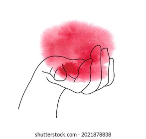 Hand palm with red watercolor stain with textured splash. Modern water color vector. Contemporary artistic decoration, background for feminine design