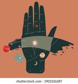 Hand or palm showing stars and celestial bodies. Outer space and starry scenes. Crescent moon and solar system. Astronomy and astrology science design. Cosmos and universe, vector in flat style