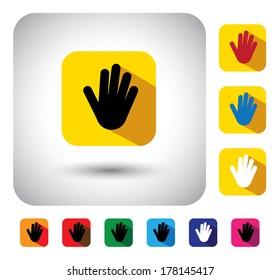 hand or palm sign on button - flat design vector icon. This long shadows graphic symbol also represents help request,  greeting gesture, stop signal, traffic cop hand signal, no gesture