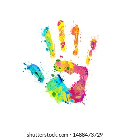 Hand palm sign of vector rainbow splash paint