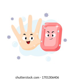 Hand palm and soap mascot illustration of washing hands to prevent from corona virus