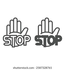 Hand palm with stop text line and solid icon, stop war concept. Vector graphics. Protest gesture hand sign on white background, outline style icon for mobile or web design