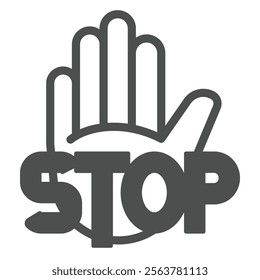 Hand palm with stop text solid icon, stop war concept. Vector graphics. Protest gesture hand sign on white background, glyph style icon for mobile or web design