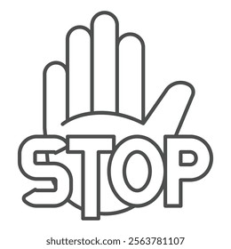 Hand palm with stop text thin line icon, stop war concept. Vector graphics. Protest gesture hand sign on white background, outline style icon for mobile or web design