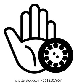 Hand palm stop virus concept. Vector graphics. Do not touch concept. Vector graphics. Hand with bacteria sign on white background, glyph style mobile or design