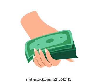 Hand Palm taking pile of money,Green Bills,Notes. Cash money, Finance icon. Financial capital, wealth, profit, bonus and savings concept. Flat vector illustration isolated on white background