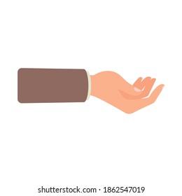 Hand, palm up. The hand is bent in a pleading gesture. Concept: beg, hold, take, gesture, gesture. Vector illustration, flat cartoon color design, isolated on white background, eps 10.