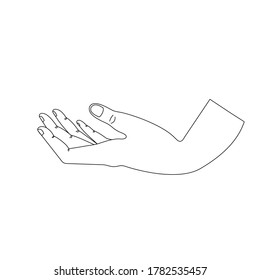 Hand palm up, isolated on white background. Black outline, flat cartoon design, eps 10.