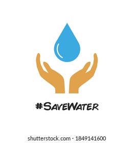 Hand palm vector with water drop vector isolated in white. Save water concept.
