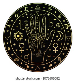 Hand palmistry in a circle on a black background.