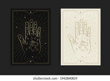 Hand mit Handbild mit Gravur, handgezeichnet, luxuriös, esoterisch, boho Stil, geeignet für paranormales, Tarot-Lesegerät, Wahrsager, Astrologe oder Tattoo