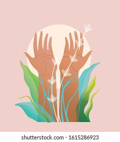 Hand palms and arms raised pray for nature and environment, spiritual symbol, nature awareness.Spiritual and environmental hands raised symbol design. Transparent elements and gradients design.