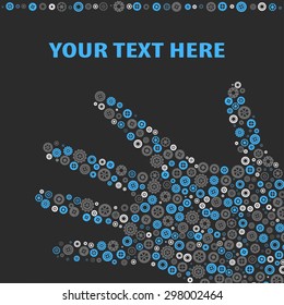 hand palms colored mechanism of gears - vector background for text in dark grey and blue colors