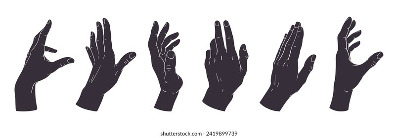 Hand palms gesture silhouettes. Human hands signs, peace, okay, call position flat vector illustration set. Gestures black silhouettes