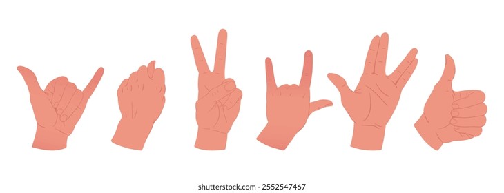 Hand palms gestures. Cartoon hand with various gesture, human hands showing, presenting and pointing different signs flat vector illustration set. Hand palms isolated on white