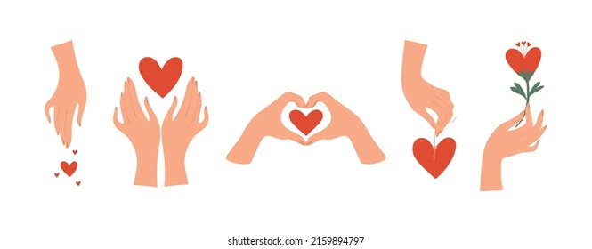 Hand palms and heart symbol, flat icons set. The concept of self-love, caring for loved ones, feedback. Cartoon vector illustration of massage, cosmetics, friendship.