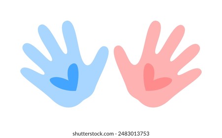 Hand Palms with Hearts Logo. Cute Kids Hand Imprint. Handbreadth Pink and Blue.