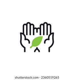 Hand palms holding a green leaf, minimalist pictogram. Vector illustration