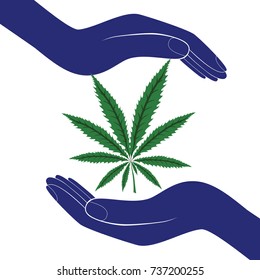 Hand palms with marijuana leaf glyph color icon. Silhouette symbol. Legalization of cannabis. Negative space. Vector isolated illustration