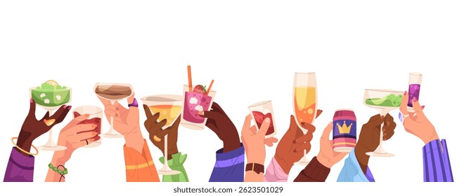 Palmas das mãos levantadas e segurando bebidas de coquetel e álcool. Ilustração vetorial para festa de verão com bebida em óculos tropicais. Celebração noturna do clube ou evento de bar, relaxamento no salão. Brinde de Feriado