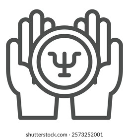 Hand palms with trident ball line icon, psychology concept. Vector graphics. Psychologist hands with bubble sign on white background, outline style icon for mobile or web design