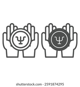 Hand palms with trident ball line and solid icon, psychology concept. Vector graphics. Psychologist hands with bubble sign on white background, outline style icon for mobile or web design