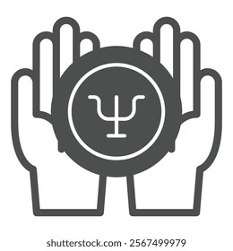 Hand palms with trident ball solid icon, psychology concept. Vector graphics. Psychologist hands with bubble sign on white background, glyph style icon for mobile or web design