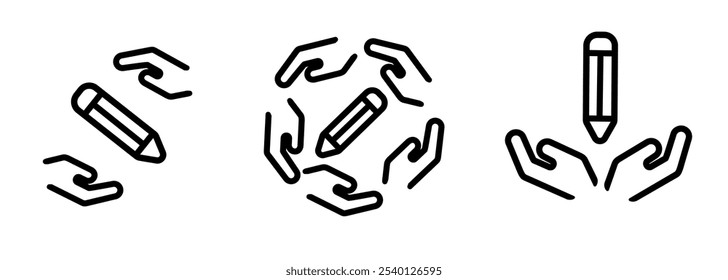 Hand pam around pencil pen logo icon set collection line stroke design symbol of education school academy university community foundation