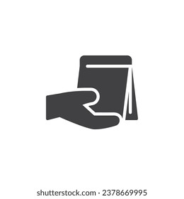 Hand with paper bag vector icon. Package delivery filled flat sign for mobile concept and web design. Carryout service glyph icon. Symbol, logo illustration. Vector graphics