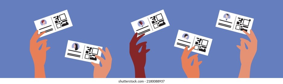 Hand with paper business card isolated, flat vector stock illustration as concept networking and sharing business contacts