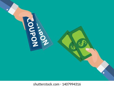 Hand with Paper Coupons Flat Design. Present, Gift, Сoupon Concept. Vector Illustration EPS10