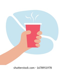 Hand with paper cup of hot beverage with steam, coffee with him, vector illustration