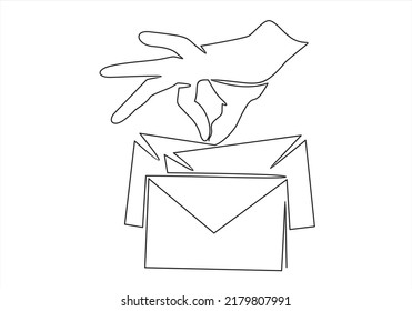 hand with paper envelope-continuous line drawing minimalist. Vector