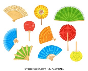 Hand paper fan. Japanese and Chinese tradition art. Vintage objects with pattern. Oriental souvenirs. Handheld cooling Asian accessories. Opened fashion clothing. Vector design set