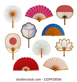 Hand paper fan set, oriental beautiful cooling. Asian paper accessory. Vector flat style cartoon illustration isolated on white background